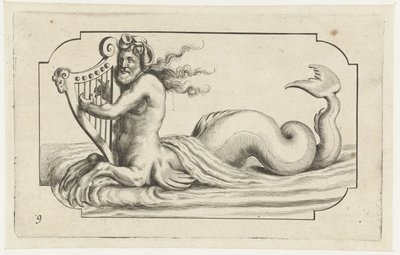 Tritão tocando harpa Nouveau Livre des Dieux et Deeßes De la Marine Bouckje of Sea Gods and Goddesses (título da série) de Hendrick de Keyser (I)