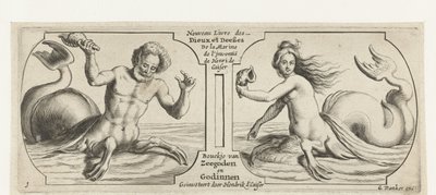 Dois compartimentos, em cada um tritão Nouveau Livre des Dieux et Deeßes De la Marine Bouckje of Sea Gods and Goddesses (título no objeto) Nouveau Livre des Dieux et Deeßes De la Marine Bouckje of Sea Gods and Goddesses (título da série) de Hendrick de Keyser (I)