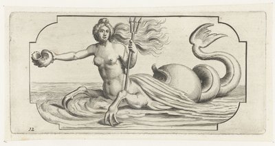 Figura feminina com tridente de Neptuno
Nouveau Livre des Dieux et Deeßes De la Marine Bouckje of Sea Gods and Goddesses (título da série) de Hendrick de Keyser (I)
