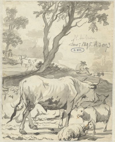 Pastor com vacas e ovelhas debaixo de uma árvore de Hendrick ten Oever