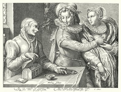Um jovem que escolhe o amor da beleza em vez da riqueza (gravura) de Hendrik (after) Goltzius