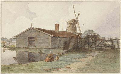 Moinho com edifícios de madeira perto de Amesterdão de Hendrik Abraham Klinkhamer