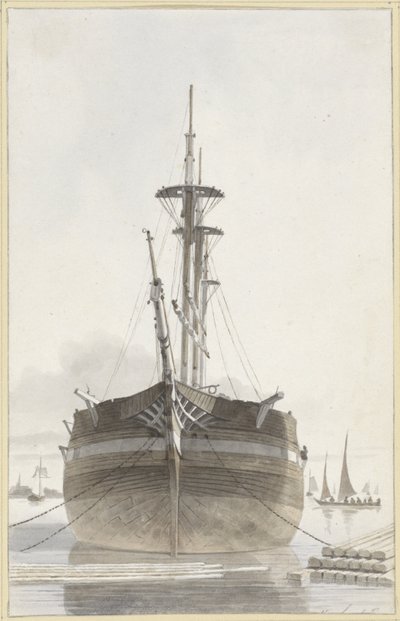 Veleiro visto de frente em um porto de madeira de Hendrik Abraham Klinkhamer