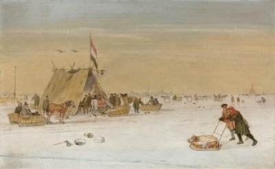 Uma paisagem de inverno com figuras no gelo perto de uma tenda de koek-en-zopie de Hendrik Avercamp