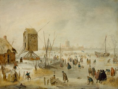 Paisagem de Inverno com Skaters num rio junto a um moinho de vento (óleo sobre cobre) de Hendrik Avercamp