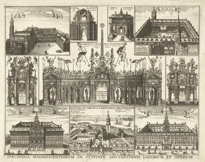 Blad met tien voorsetningen van de intocht van de Kardinaal Infant Ferdinand te Antwerpen, 1635 Espécimes dos lugares e obras mais magníficos da cidade de Antuérpia (título no objeto) de Hendrik Causé