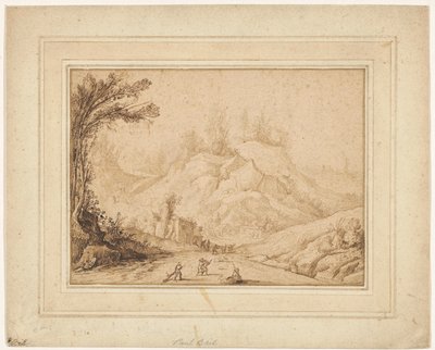 Paisagem montanhosa com figuras em uma estrada perto de uma pousada de Hendrick Cornelisz. Vroom