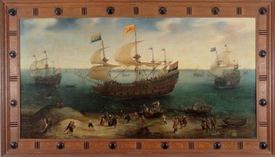 O navio de quatro mastros De Hollandse Tuyn e outros navios de regresso do Brasil sob o comando de Paulus van Caerden de Hendrick Cornelisz. Vroom