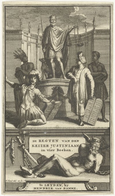 Página de título de De regten van den keizer Justiniaan, Leiden, 1705
REGTEN van den KEIZER JUSTINIAAN in vier boeken (título sobre o objecto) de Hendrik Elandt