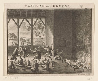 Parte do ritual de enterro dos residentes de Formosa
Tayouan de Formosa (título sobre o objecto) de Hendrik Frans Diamaer