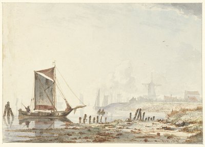 Navios em um rio, na margem de Hendrik Gerrit ten Cate
