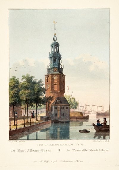 Vista de Amesterdão No.32. De Mont Albans-Toren. A chamada Torre de Mont-Alban, 1825 (gravura colorida à mão) de Hendrik Gerrit ten Cate