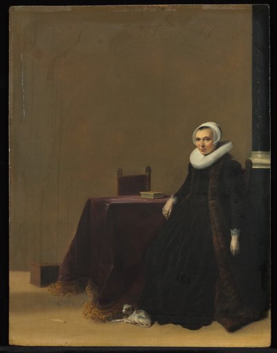 Retrato de uma mulher com um cachorro de Hendrik Gerritsz. Pot