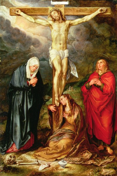 Cristo na Cruz, com Maria, São João e a Madalena, c.1600 (óleo sobre cobre) de Hendrik Goltzius