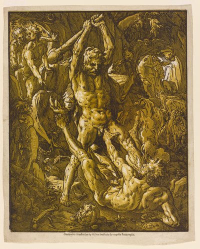 Hércules e Caco, 1588 (xilogravura de claro-escuro sobre papel avergoado) de Hendrik Goltzius