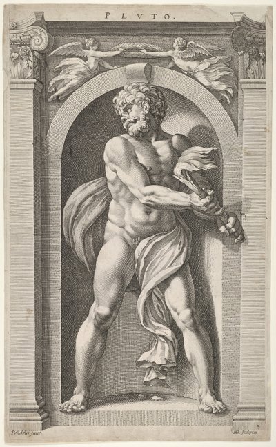 Plutão, no verso dos esboços de uma figura, quatro cabeças e uma coluna, 1592. de Hendrik Goltzius
