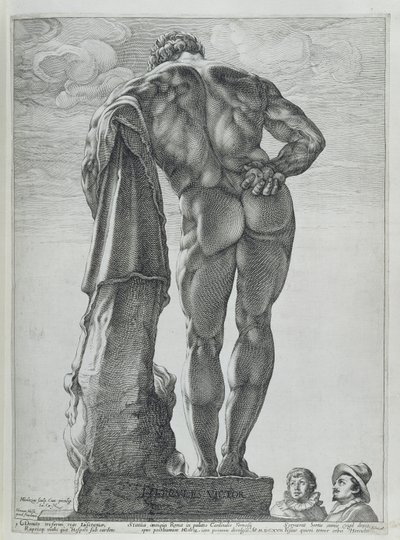 Vista traseira do Farnese Hercules (gravura em cobre) de Hendrik Goltzius
