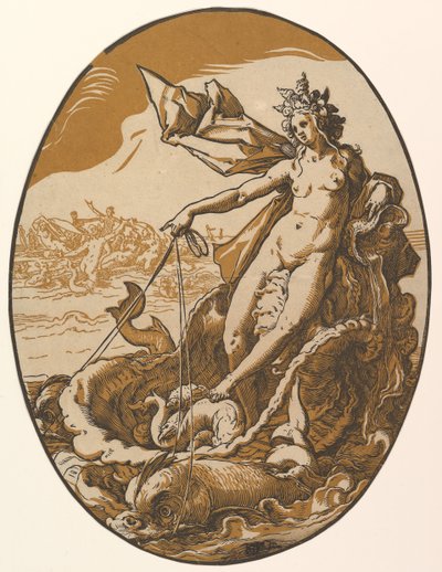 Tethys reclinada em uma carruagem de concha gigante puxada por duas criaturas do mar, 1588-90. de Hendrik Goltzius