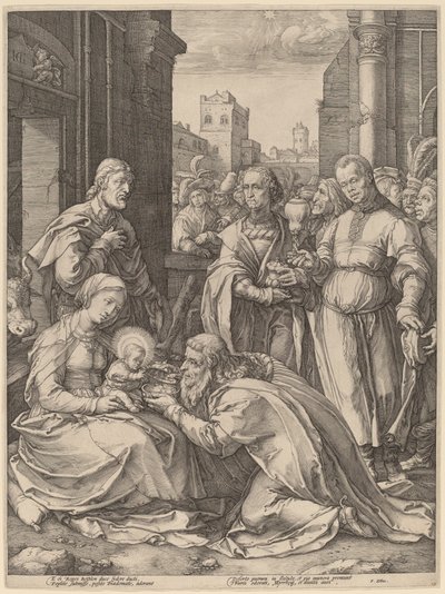 A adoração dos magos de Hendrik Goltzius in the style of Lucas van Leyden