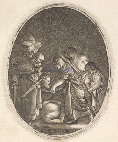 Salomé recebendo a cabeça de João Batista, cercada por três homens e uma criança por ..., ca. 1610 de Hendrik Goudt