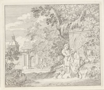 Casal em um monumento clássico e um portão da cidade Anette e Lubin (título no objeto) de Hendrik Hoogers