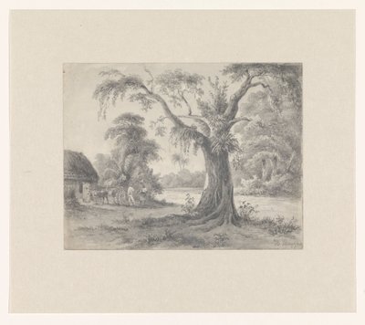 Paisagem com árvore e cabana com cavalo e carruagem e duas figuras de Hendrik Huygens (signed by artist)