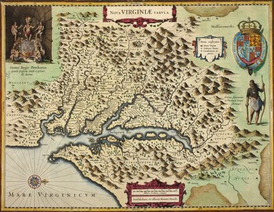 Um mapa da Virgínia (gravura colorida à mão) de Hendrik I Hondius