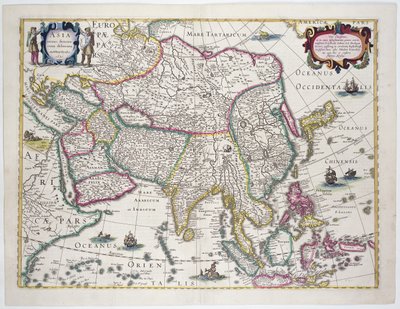 Mapa geral, incluindo a Arábia, o Japão, a península coreana e a maior parte do arquipélago indonésio, 1631 (gravura colorida) de Hendrik I Hondius
