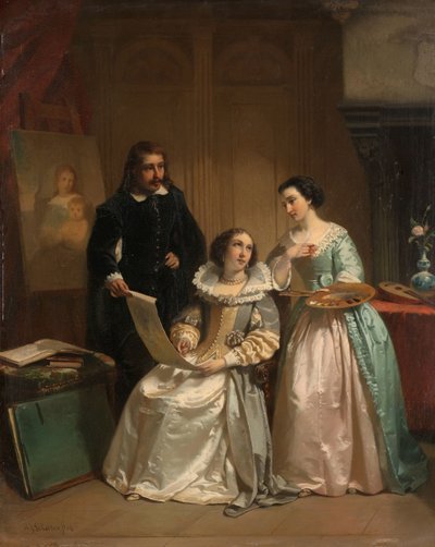 Gerard van Honthorst mostrando os Desenhos da sua Aluna Louise da Boémia a Amalia van Solms de Hendrik Jacobus Scholten