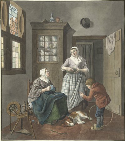 Interior com mulher costurando, empregada e menino brincando de Hendrik Jan van Amerom