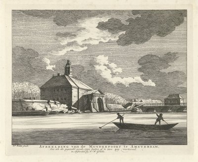 Sagging Muiderpoort, visto do Singelgracht, 1769 Imagem do Muyderpoort em Amsterdã, Zoo como o synde colapsado, pode ser visto do lado de fora, em ziguezague (título no objeto) de Hendrik Keun