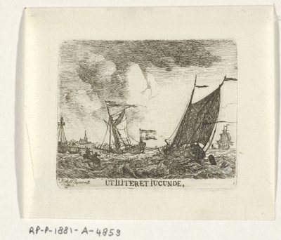 Navios em água agitada
Utiliter et Jucunde (título sobre o objecto) de Hendrik Kobell