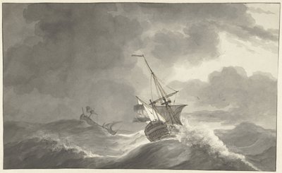 Dois navios no mar em tempestade de Hendrik Kobell