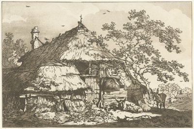 Fazenda com uma vaca, duas ovelhas e um burro no quintal Doze desenhos calculados para uso de quem está aprendendo a desenhar paisagem (título da série) de Hendrik Meijer