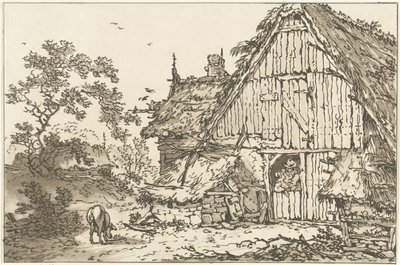 Boerderij conheceu twee mensen em deuropening Doze desenhos calculados para uso de quem está aprendendo a desenhar paisagem (título da série) de Hendrik Meijer