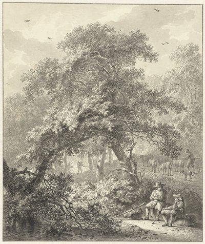 Cena florestal com viajantes em repouso debaixo de uma árvore de Hendrik Meijer