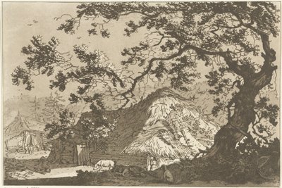 Landschap com twee boerderijen Doze desenhos calculados para uso de quem está aprendendo a desenhar paisagem (título da série) de Hendrik Meijer