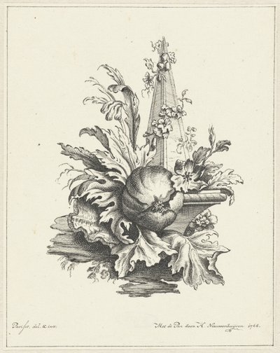 Ornamento com romã com folhas e obelisco de Hendrik Nieuwenhuysen