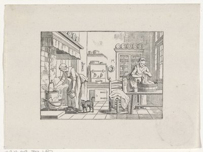 Interior da cozinha com duas mulheres no trabalho de Hendrik Numan