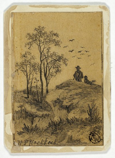 Caçador e cachorro na colina observando pássaros de Hendrik Pieter Koekkoek