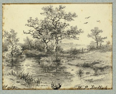 Árvores por Lagoa de Hendrik Pieter Koekkoek