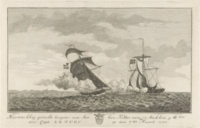 Luta contra um cortador forte, 1782
Hard Fight against a Strong Cutter of 18 Pieces (...) by Capt: Le Turc on the 7th March 1782 (title on object) de Hendrik Roosing