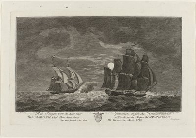 Sextroh hunting the Marianne, 1782
Hunting the English East Sea vessel The Marianne Capt Phielskerk by the Zierikzeesche Kaper Capt J:W:Sextroh on the evening of 20 November 1782 (title on object) de Hendrik Roosing