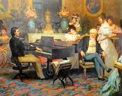 Chopin Tocando Piano no Salão do Príncipe Radziwil de Henryk Siemiradzki