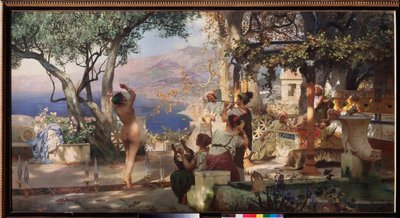 A Dança da Espada (Uma mulher nua dança entre espadas equilibradas no terraço de uma villa italiana, ao som de uma lira e de uma flauta). Pintura por Henryk Siemiradzki (1843-1902), óleo sobre tela de Henryk Siemiradzki