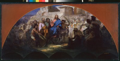 A entrada de Cristo em Jerusalém. (montando em um burro, cercado pela multidão acenando e colocando galhos em seu caminho). Obra de Henryk Siemiradzki (1843-1902), óleo sobre papelão de Henryk Siemiradzki