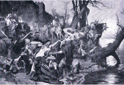 Warriors of Sviatoslav at the massacre under the wall od Drster (Durostorus), ilustração de Landmarks in European History publicada pela Gresham Publishing Co, c.1920 (litho) de Henryk Siemiradzki
