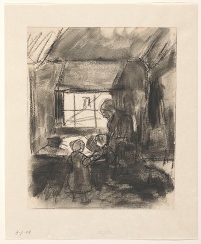 Interior com mulher e dois filhos de Hendrik Valkenburg