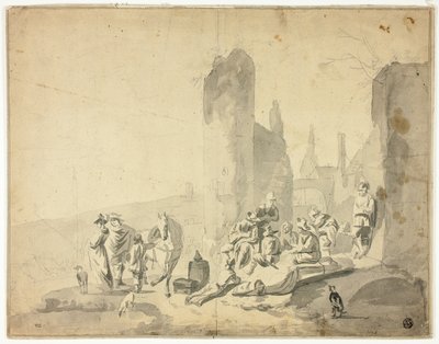 Cena à beira-mar com várias figuras de Hendrik Verschuring