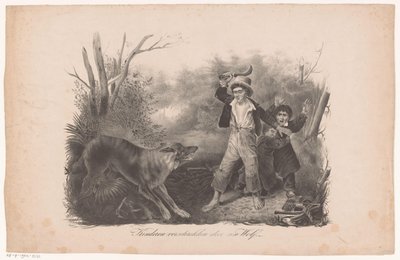 Crianças e um lobo na floresta Crianças assustadas por um lobo (título no objeto) de Hendrik Wilhelmus Last
